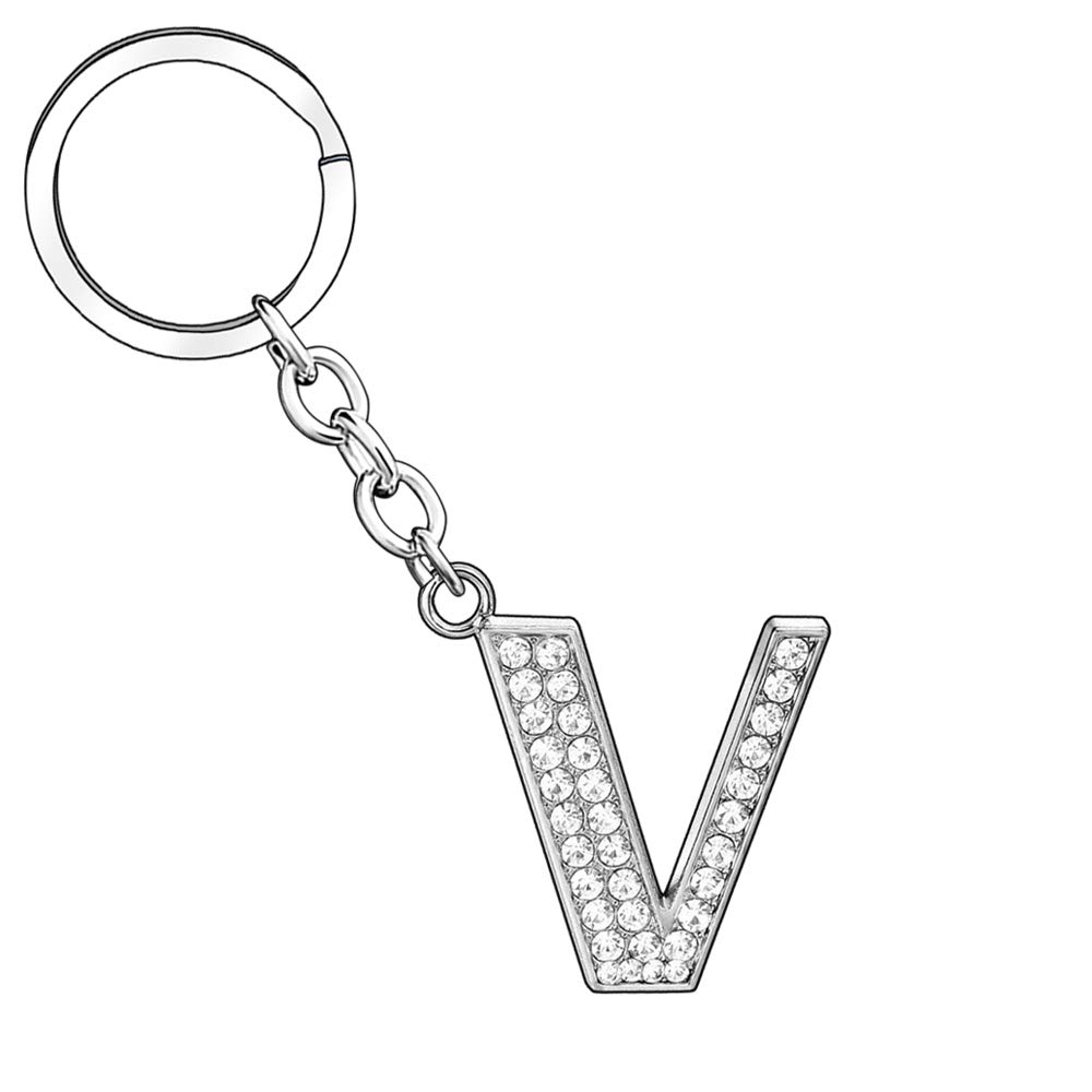 A B C D E F G H I J K L M N O P Q R S T U V W X Y Z Letter Keyring Keychain for Women Girl Family Best Friend Silver Crystal Jewellery (V)