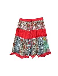 Mogul Womens Skirts Bohemian Red Patchwork Cotton Crinkle Skirt S