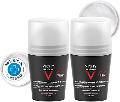 Anti-Transpirant Roll-On für Männer, 72 Stunden Wirkung, Für empfindliche Haut, VICHY Homme Extreme Control, 2 x 50 ml