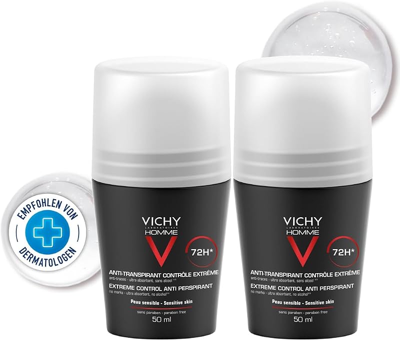 Anti-Transpirant Roll-On für Männer, 72 Stunden Wirkung, Für empfindliche Haut, VICHY Homme Extreme Control, 2 x 50 ml