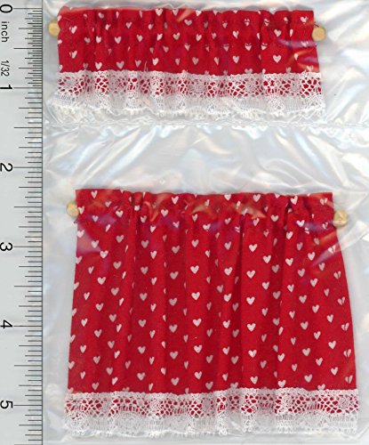 Dollhouse Miniature Red Cottage Curtains with Hearts Design