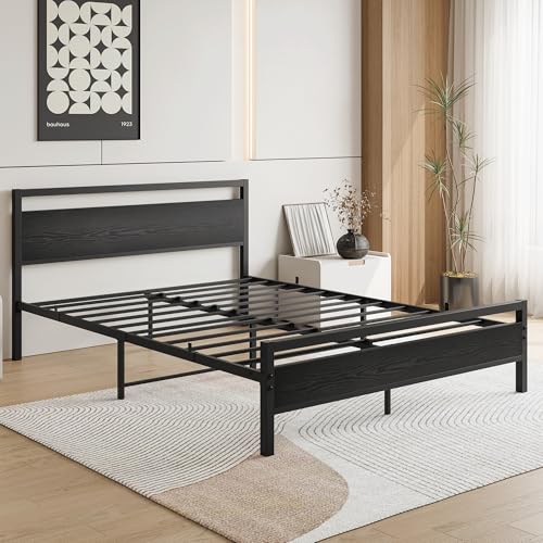 HOJINLINERO Queen Bed Frame with Wood Headboard,Metal Platform Bed Frame Queen Size with Storage No Box Spring Needed,Heavy Duty Queen Size Bed Frame Metal Slats Support Mattress Base No Noise,Black