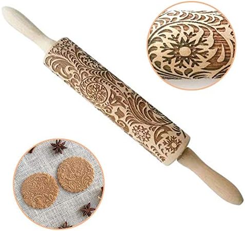 Wooden Rolling Pin Embossed Patterned,16" Floral Or Paisley Patterned Wooden Rolling Pin for Baking,Cute Lightweight(Flower)