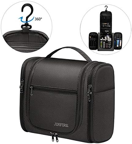 JINFIRE Premium Rotatable Hook Hanging Toiletry Bag for Women and Men Large Waterproof Travel Toiletries Organizer Kit Bathroom Shower Shaving Bag ,Black