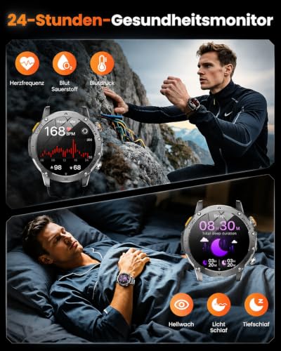Karchilor Military Smartwatch Men's with 1000 mAh Battery - Fitness Watch with Bluetooth Calls, 1.7 Inch HD Display, LED Torch, IP68, 110+ Sports Modes, Heart Rate and Sleep Analysis, for iOS