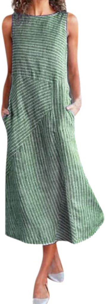 Women Cotton Linen Maxi Dress, Lady Stripe Loose Sleeveless Scoop Neck Flowy Casual Long Beach Dresses with Pockets
