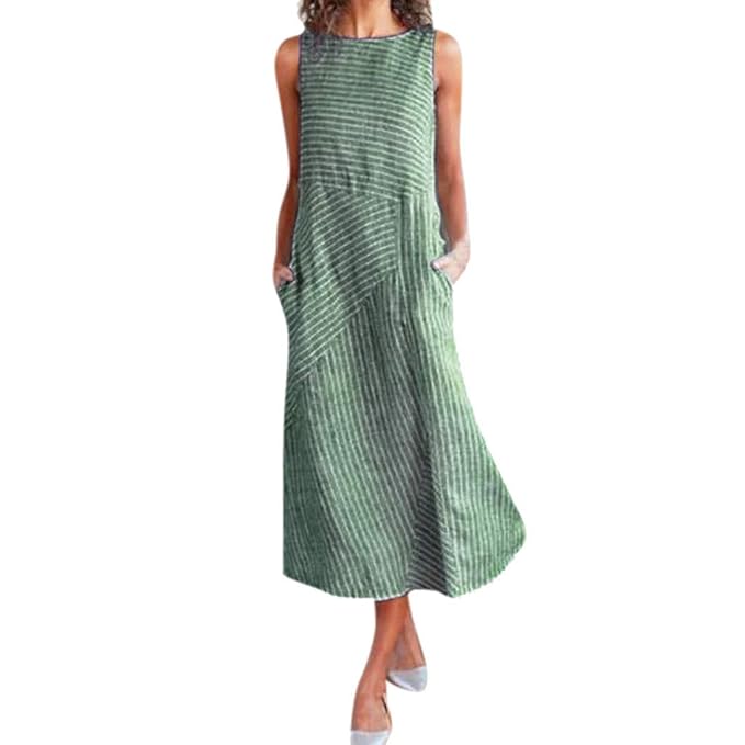 Damen Maxikleid Ärmellos Sommerkleid Baumwolle Leinen Striped Casual Kleider Boho Party Kleid Leinenkleid Strandkleid Lang Mi