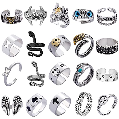 AIDSOTOU 20 Pcs Adjustable Open Rings for Women Men Teen Girls Silver Cool Goth Snake Butterfly Y2k Ring Set for Couples Best Friends