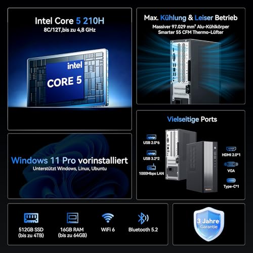 Blackview Silent Business Office Computer NEX60 | 2026 Intel Core 5-210H - 13th Gen| 16GB DDR4 | 512GB SSD | Win 11 Pro Desktop PC | WLAN 6 & Bluetooth 5.2 | USB 3.2 | 3 Year Warranty - Ready to Go