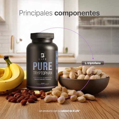 B Life Triptófano Puro | 200 Cápsulas de 500 mg | Aminoácido esencial precursor de serotonina | Pure Tryptophan.