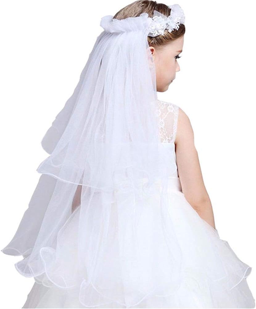 Girls first holy communion headpiece with flowers Wedding Pearls Crystal Lace Veil Hair