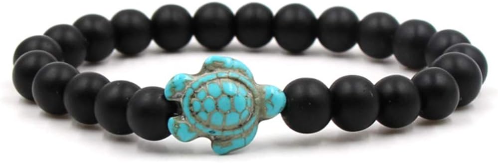 Yinew Turquoise Bead Sea Turtle Elastic Bracelet Natural Stone Friendship Bracelet Beach Jewelry,Black Matte Stone