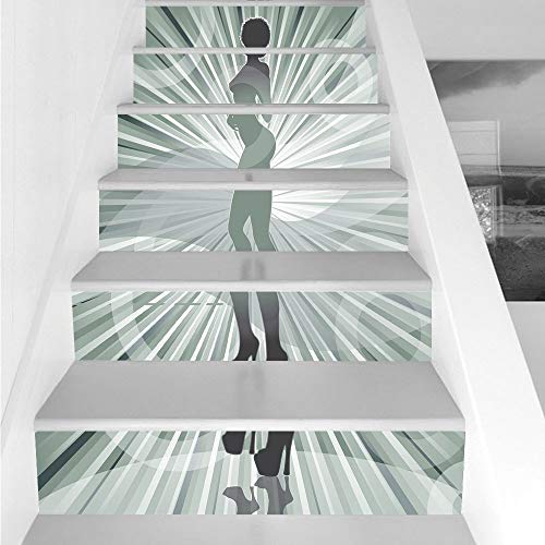 Stair Stickers Wall Stickers,6 PCS Self-adhesive,Apartment Decor,An Afro American Woman in High Heels Silhouette with Ray Background Pattern,Black,Stair Riser Decal for Living Room, Hall, Kids Room De