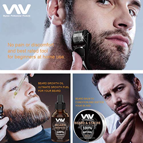 Beard Growth Kit, Beard Growth Oil Serum for Men, Facial Hair Growth Kit with Beard Balm + Comb, Titanium Beard Roller Kit for Men