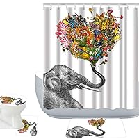 Amagical Colorful Elephant Flowers Decor 16 Piece Bathroom Mat Set Shower Curtain Set Bathroom Mat Contour Mat Toilet Cover Shower Curtain with 12 Hooks (Elephant Flowers)