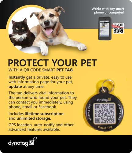 Dynotag Web/GPS Enabled QR Code Smart Round Coated Metal Tag and Ring. Pet Tag, Property Tag - Multiple Uses.