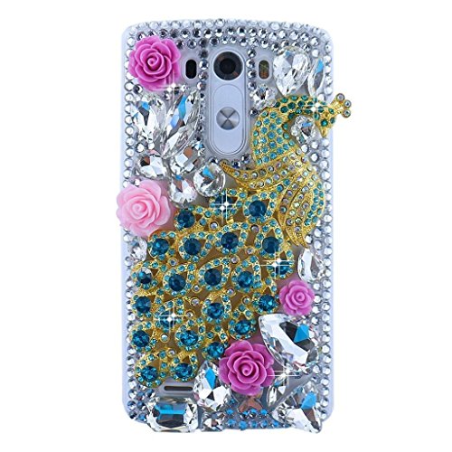 KAKA(TM Fashion Style Peacock Flowers 3D Handmade Rhinestone Bling Crystal Transparency Back Cover Hard Case for LG G4 H815 H818