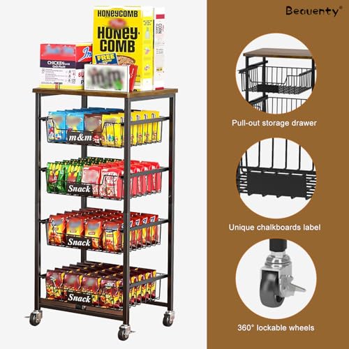 Beauenty 5-Tier Rolling Storage Cart, Pull-out Basket Trolley Organizer Kitchen Storage Shelf, Wooden Top Mobile Shelving Unit Suitable for Kitchen, Living room, Bathroom (Top Panel & 4 Baskets)