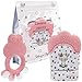 Liname 2 Pack Baby Teething Mitten with Soothing Toy - Infant Chew and Silicone Teething Glove with Crinkle Sound, Textured Silicone to Soothe Sore, Swollen Gums
