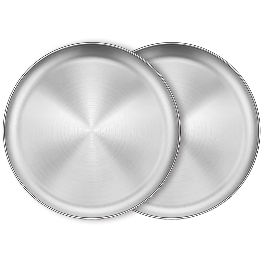 XIACIBDUS 2PCS Stainless Steel Dinner Plates, Round Serving Platter for Camping Barbecue and Baking, Non Toxic Healthy Serving Dishes and Dishwasher Safe (30cm)