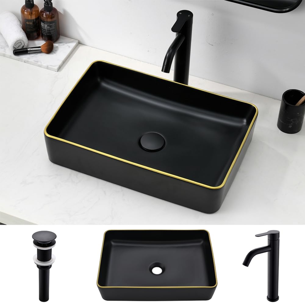 Photo 1 of 20 Inch Bathroom Vessel Sink Rectangular - HLBLFY 20X14 Inch Bathroom Sink with Faucet Combo Rectangular Black Gold Border Edges Ceramic Above Counter Porcelain Lavatory Vanity Sink Basin