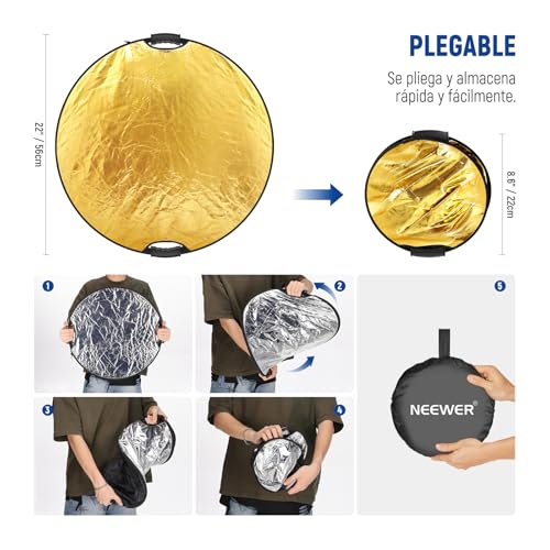 Neewer - Reflector de luz de 110 cm con Abrazadera y empuñaduras de Mano, Reflector Plegable 5 en 1, multidisco, translúcido, Plateado, Dorado, Blanco/Negro con Rosca de 3/8 Pulgadas para iluminación