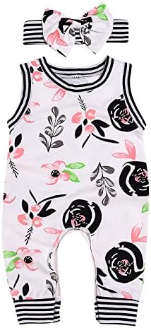 AILOM Newborn Infant Baby Boys Girls Flower Print Stripe Sleeveless Romper Summer Bodysuit Jumpsuit Outfits Headband