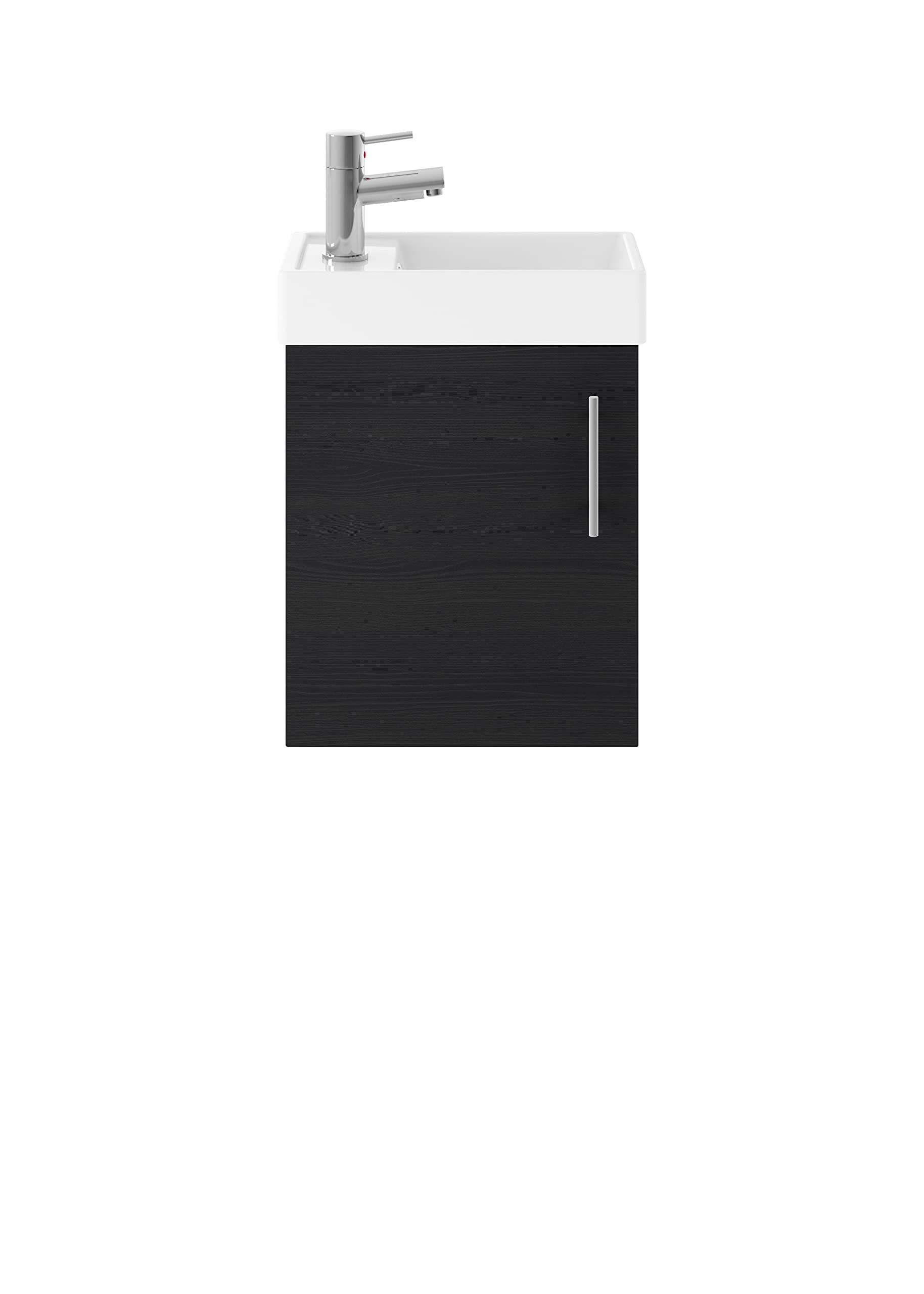 Nuie MIN010 Vault Modern Bathroom Single Soft Close Door Wall Hung Vanity Unit with 1 Tap Hole Ceramic Basin, 400mm, Woodgrain Charcoal Black
