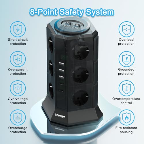 Power Strip Surge Protector 4000W/16A, 12 Outlets with USB, Power Outlet with Switch, Power Strip for Office, Kitchen, 2M Cable