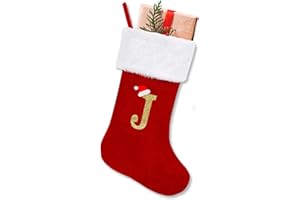 ALIBBON 20 Inches Monogram Christmas Stockings with Initials Large Red Velvet Stockings with White Super Soft Plush Cuff Gold Letter Stockings for Fireplace Christmas Decor (Letter J)