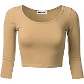SSOULM Women's 3/4 Sleeve Scoop Neck Cotton Slim Fit Crop Top (S-2XL)