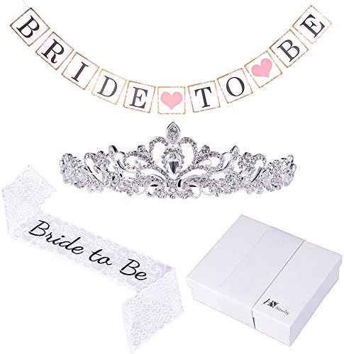Bride to Be Premium Bachelorette Party Decoration Kit, 3 pcs Wedding Bridal Shower Set, White Lace Embroidered Bride to Be Sash, Metal Elegant Rhinestone Tiara, Bride To Be Banner, Comes in a Gift Box