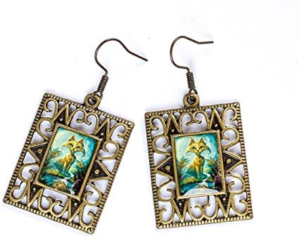 E4 Unique Egypt Style Fashion Golden Cat Photo Print Epoxy Turquoise Blue Green Yellow Rectangular Earrings Handmade Jewelry Gift for women Exclusive Pattern design dangle casual earrings