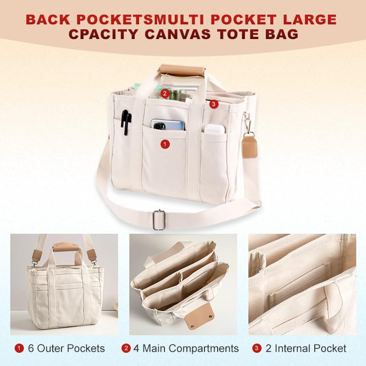 Multi Pocket Tote Bag for Women Canvas Bag with Handle Bag Large Cpacity Purse Reusable Handbag