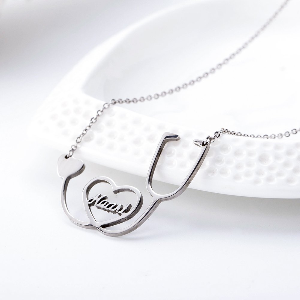Medical Stethoscope Chain Necklace Stainless Steel Nurse Doctor Medical Stethoscope Jewelry Female Heart I Love You (Sliver)