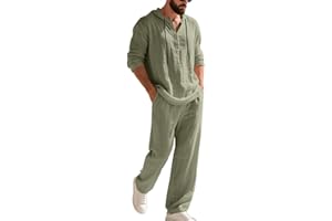 Mens Linen Suit 2 Pieces Cotton Linen Set Casual Long Sleeve Henley Shirts Beach Yoga Pants Summer Vacation Outfits
