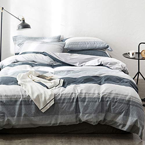 OREISE-Duvet-Cover-Set-FullQueen-Size-100-Cotton-Bedding-Set-Gray-Blue-White-Printed-Striped-Style3Piece-1-Duvet-Cover-2-PillowcaseComfortable-Luxurious-Hypoallergenic
