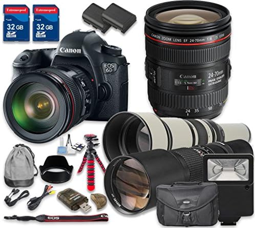 Canon EOS 6D Digital SLR Camera with Canon EF 24-70mm f/4L IS USM Lens + 500mm f/8 Telephoto T-Mount Lens + 650-1300mm f/8-16 T-Mount Lens - International Model