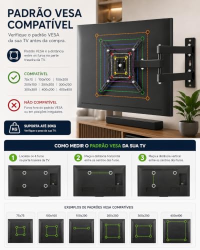 Suporte Articulado para TV 32 a 55 Pol Universal Ajustável até 30kg | Ajuste livre, Metálico, Padrão Vesa, Suporte articulado, Parede TV, 32 a 55 polegadas, Até 30kg