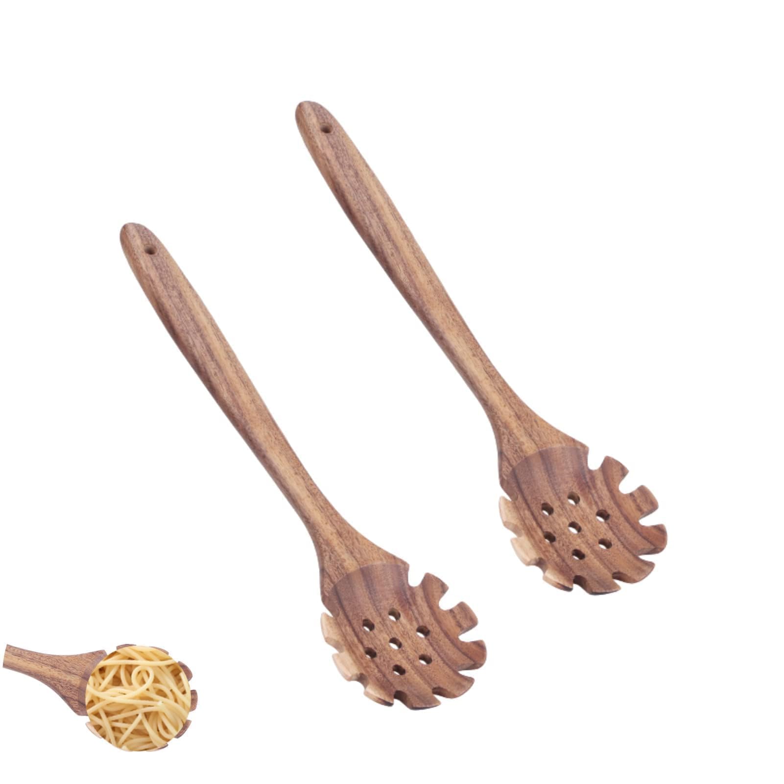 2Pcs Spaghetti Spoon, 32cm Pasta Fork Wooden Pasta Server Spoon with Teeth Slotted Pasta Spoon Pasta Lifting Spoon for Spaghetti Colander