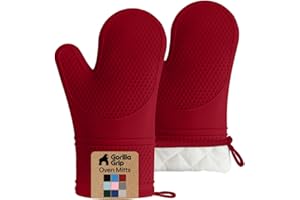 GORILLA GRIP Heat Resistant Silicone Oven Mitts Set, Soft Quilted Lining, Extra Long, Waterproof Flexible Gloves for Cooking 