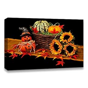 Canvas Wall Art Halloween Pumpkin Lantern Painting Artwork for Home Prints Framed - 12x18 inches