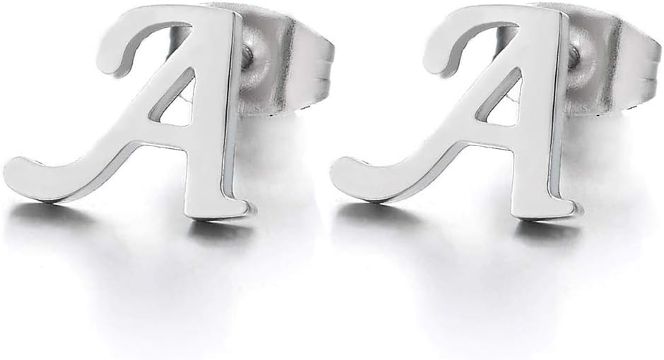 2pcs Stainless Steel Alphabet Letter Name Initial A Stud Earrings for Men Women Boys Girls