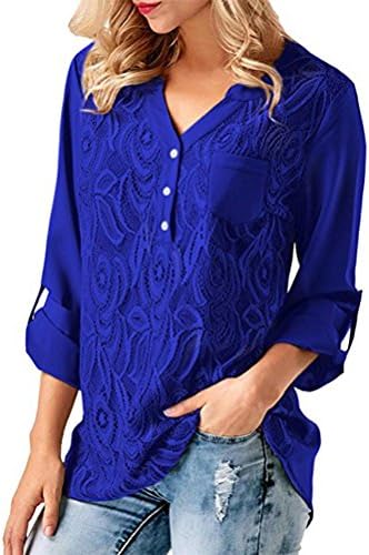 Women's Elegant Summer Solid Ladies 3 4 Cuffed Sleeve V Neck Lace Panel Casual Long Sleeves Tunic Chiffon Maternity Blouse Tops Cotton T-Shirts For Women Bule Medium