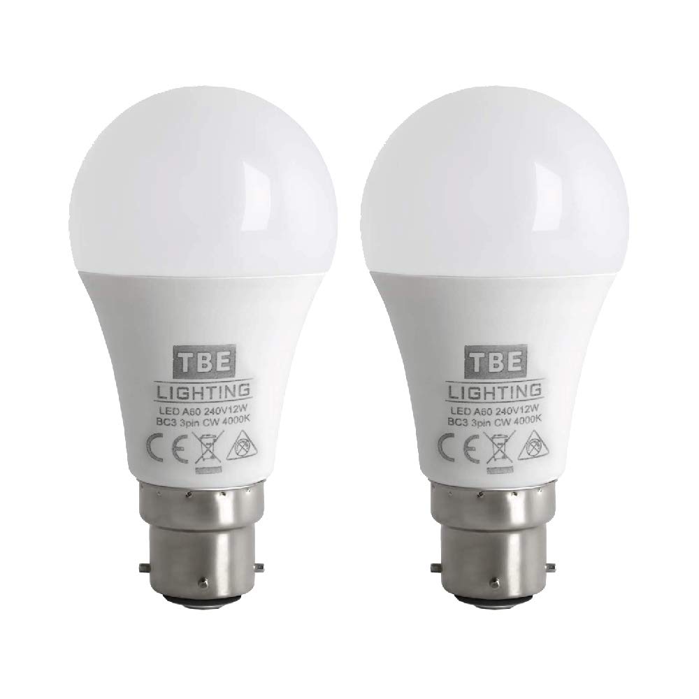 TBE LIGHTING BC3 3 PIN LED Bulbs - 2 Pack - 12w Non-DIMMABLE Energy Saving LED A60 Bulb - Cool White 4000K, 1100 Lumen Output, 20,000Hrs Life Expectancy