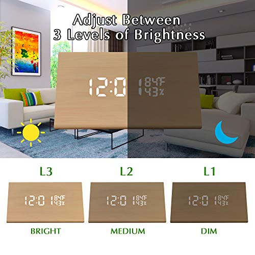 gbHome GH-6843 LED Faux Wood Digital Alarm Clock, Portable LED Desk Clock with USB Charger, Displays Time & Temperature, Adjustable Brightness, 3 Alarms and Optional Sound Activated Display - Thumbnail 4