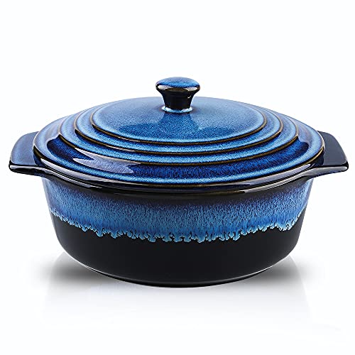 KOOV Ceramic Casserole Dish with Lid Oven Safe, 2 Quart Casserole Dishes, Covered Round Casseroles Dish Set, 9 inch Baking dish With Lid for Dinner, Deep Casseroles Cookware Set, Reactive Glaze