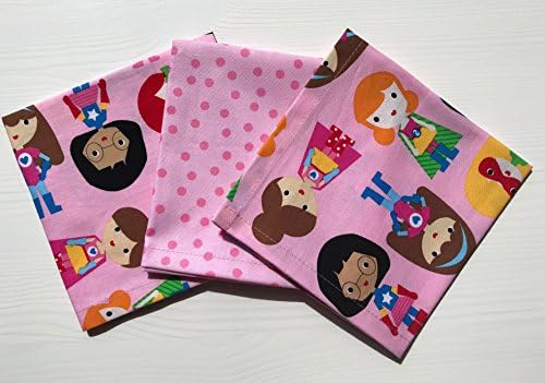 Funkins Reusable Cloth Napkins for Kids, Perfect for School Lunch, 12"x12", Set of 3 Soft Cotton Napkins, SUPERKIDS PINK