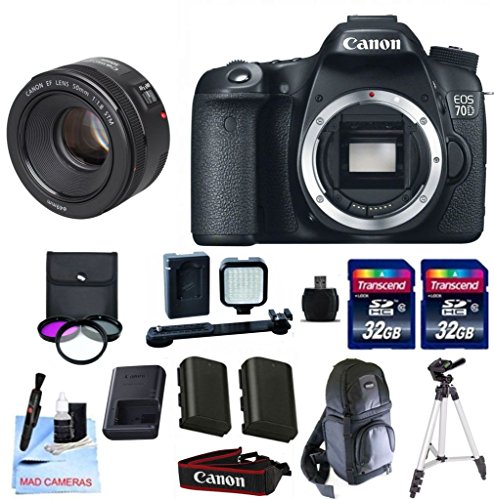 Canon 70D + Canon 50mm 1.8 STM Fixed Zoom Lens + 2 32GB Transcend SD Memory Cards + LED Video Light + Spare LP E6 Battery + DSLR Sling Bag & More - International Version