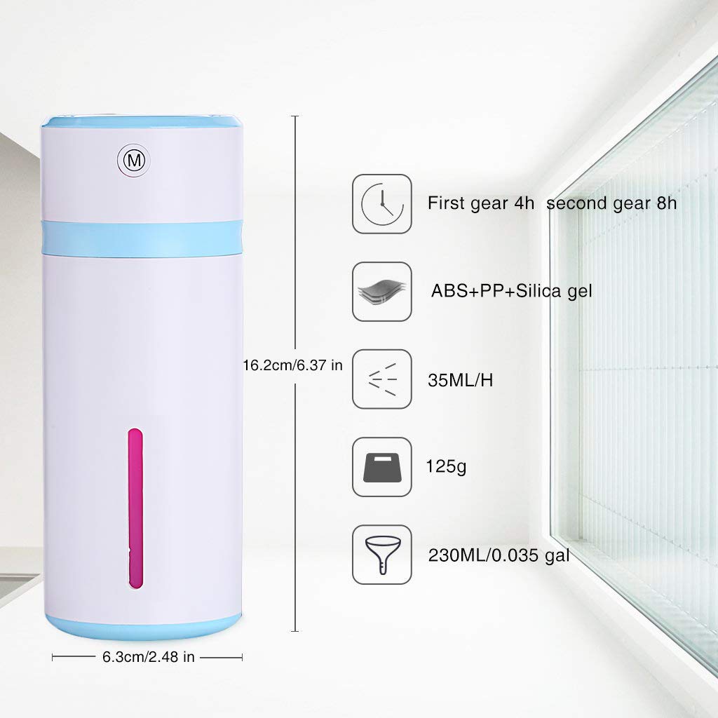 Steam humidifier 240ml, ultrasonic mini USB air humidifier evaporator mini portable portable humidifier, automatic off, bedroom office with led lights
